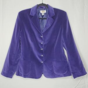Talbots Silk Blend Velvet Blazer Size 14 Purple Button Front Lined Jacket Retro